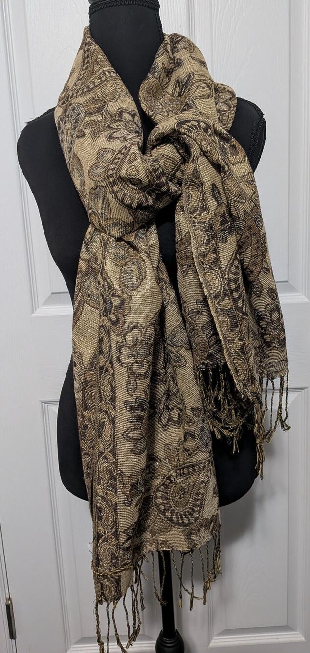 Women's Tan & Gold Brown Paisley Jacquard Pashmina Scarf with Fringe